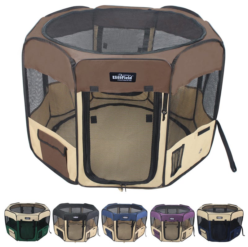 EliteField 2-Door Soft Pet Playpen (2 Year Warranty), Exercise Pen, Multiple Sizes and Colors Available for Dogs, Cats and Other Pets (62" x 62" x 24"H, Brown+Beige) - Image 1
